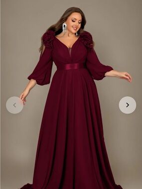 Elegant Plus-Size Long Sleeve Evening Gown in Burgundy